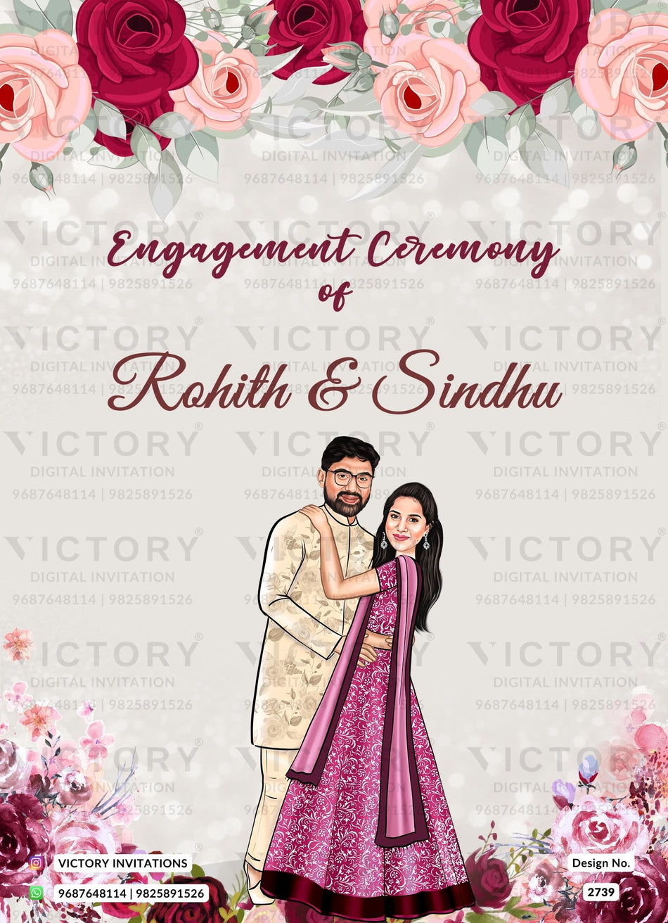 romantic couple caricature invitation card for Engagement ceremony in english language with flowers as floral theme design 2739