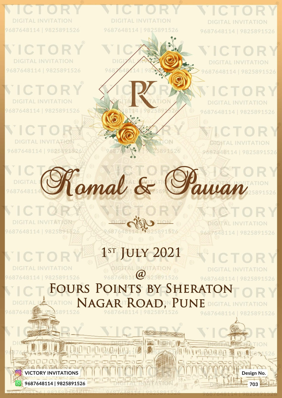 Wedding ceremony invitation card of hindu maharashtrian marathi family in English language with minimalistic theme design 703