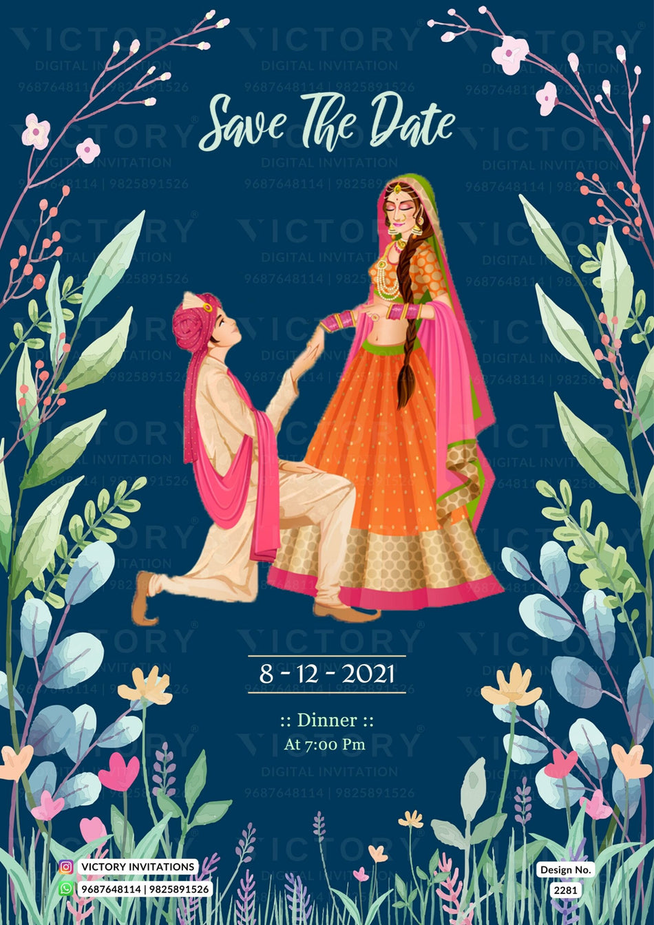 Wedding ceremony invitation card of hindu south indian telugu family in English language with artistic leaves theme design 2281
