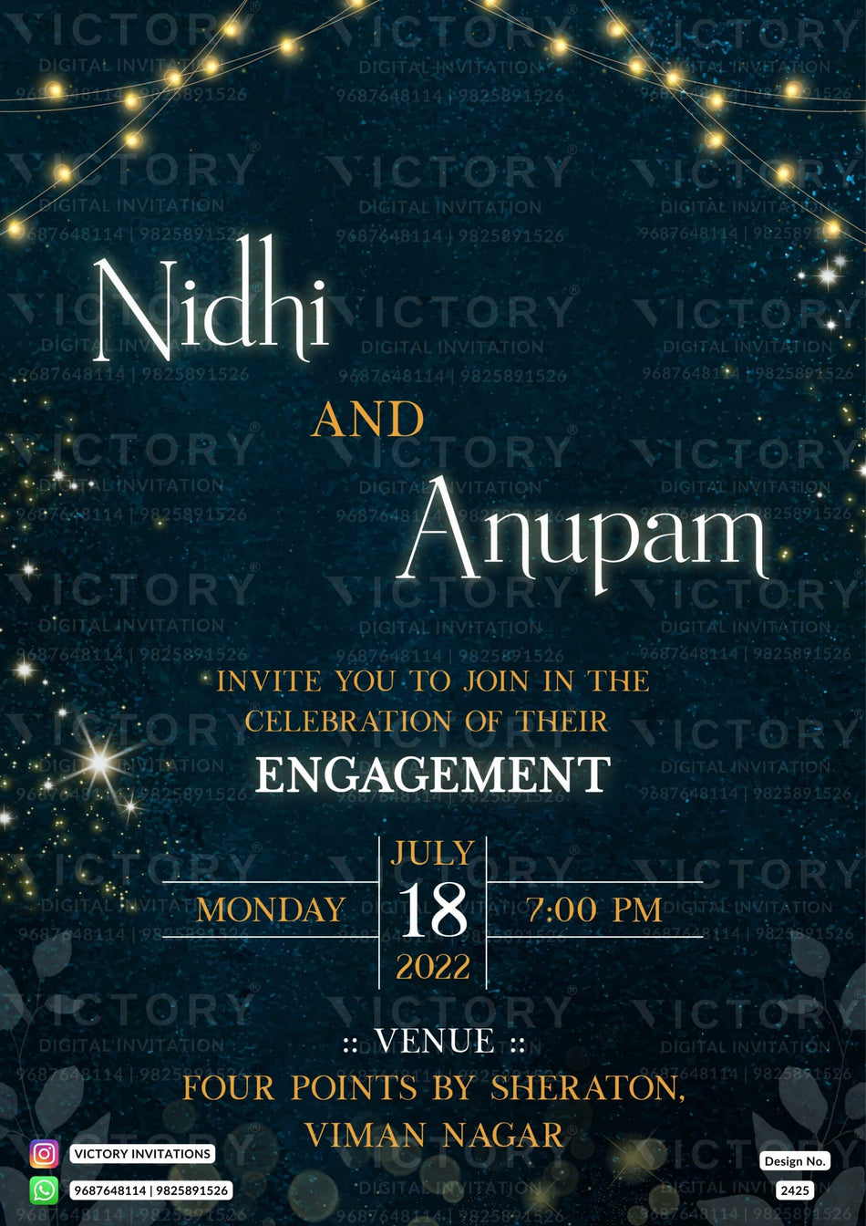 Engagement ceremony invitation card in english language with string lights, sparkle as two state theme design 2425