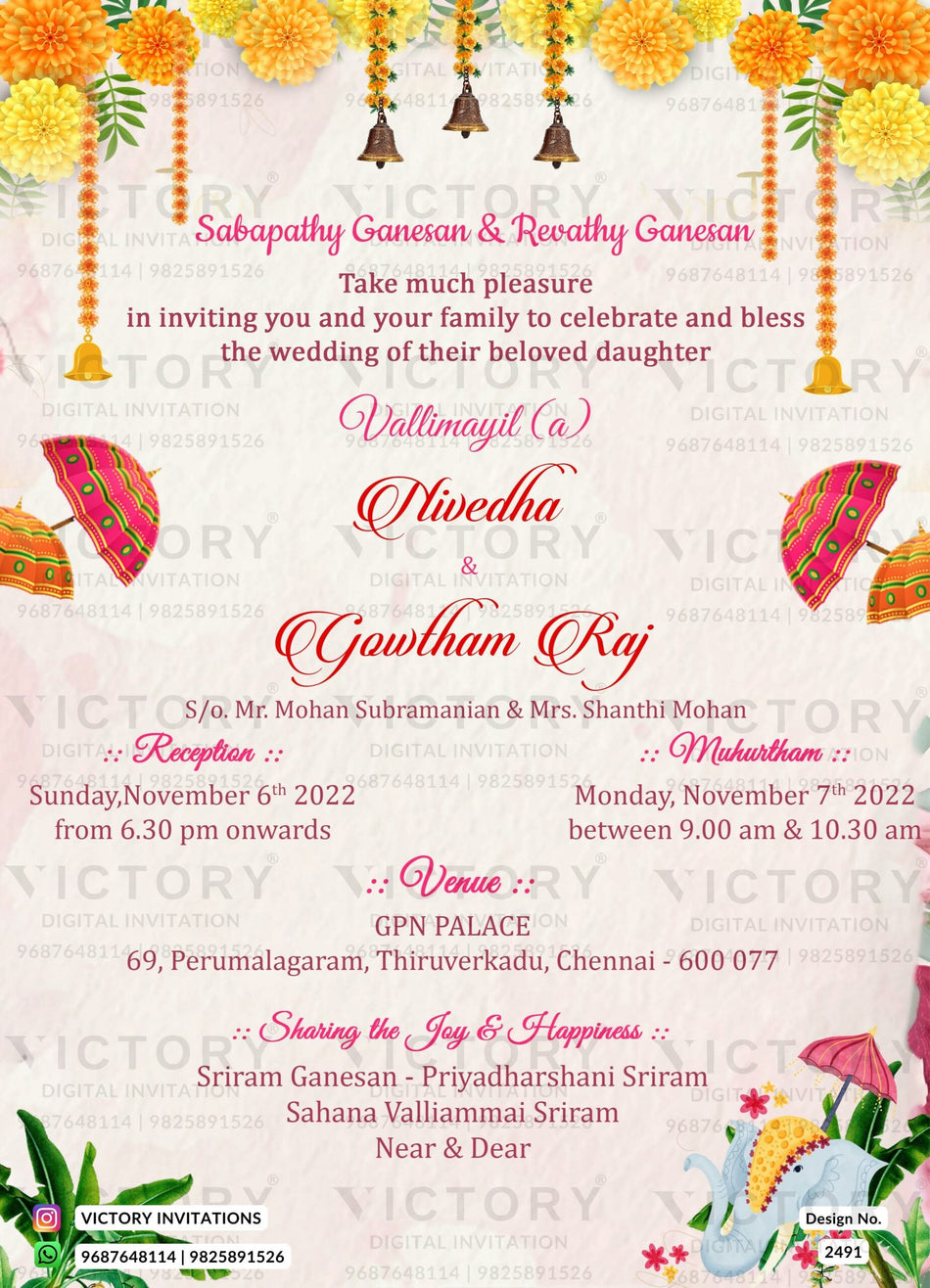 A Captivating Indian E-Card Celebrating a Wedding with Vibrant Botanical Motifs, Elegant Temple Bells, and Intricate Elephants. Design no. 2491