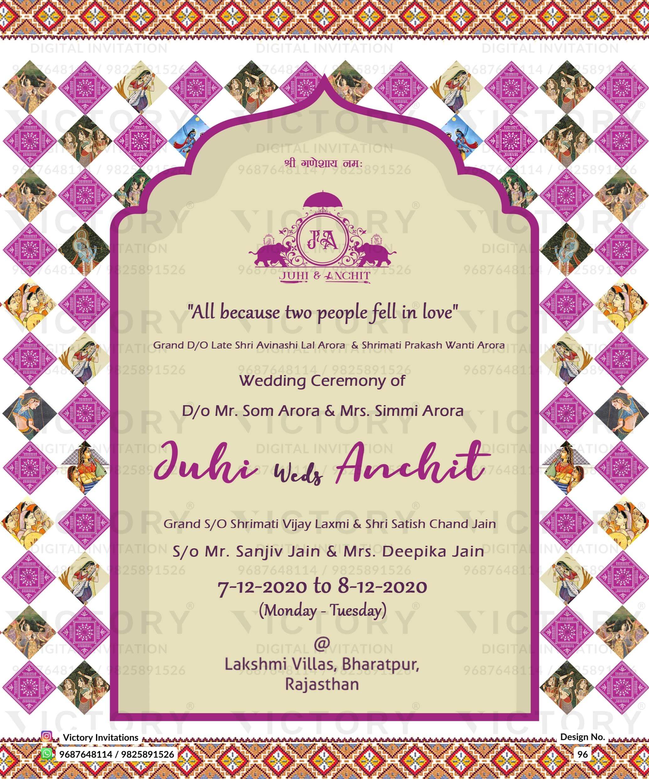 Wedding ceremony invitation card of hindu rajasthani marwari family in English language with traditional theme design 96