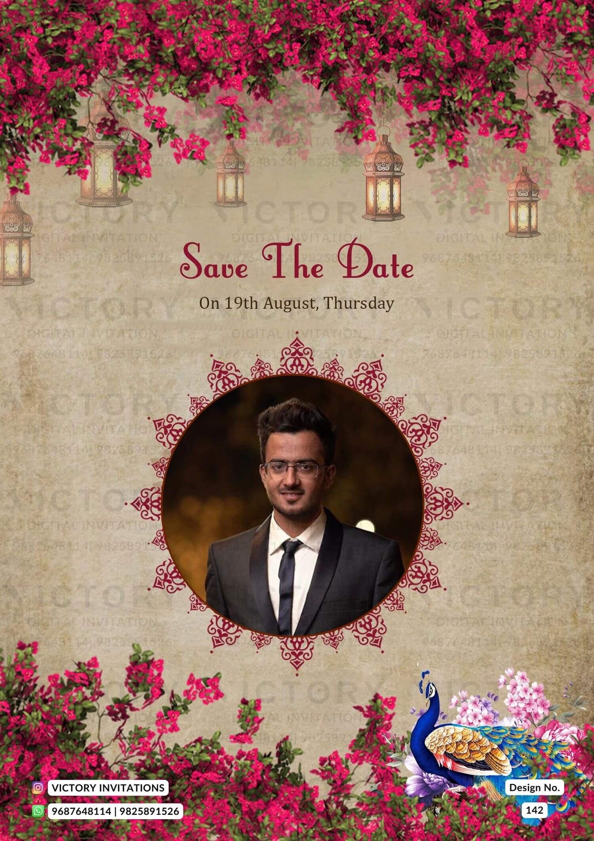 Thread ceremony invitation card in english language with peacock, flowers as floral theme design 142