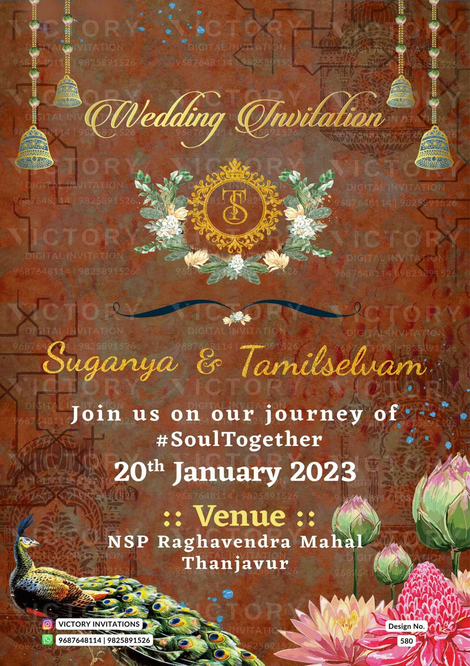 Wedding ceremony invitation card of hindu south indian tamil family in English language with traditional theme design 580