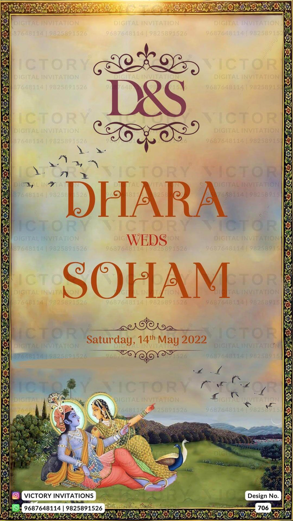 Wedding ceremony invitation card of hindu maharashtrian marathi family in English language with radha krishna theme design 706