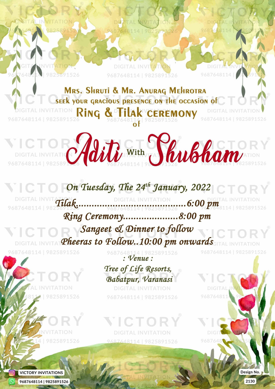 Wedding ceremony invitation card of hindu north indian bhojpuri family in English language with garden theme design 2130