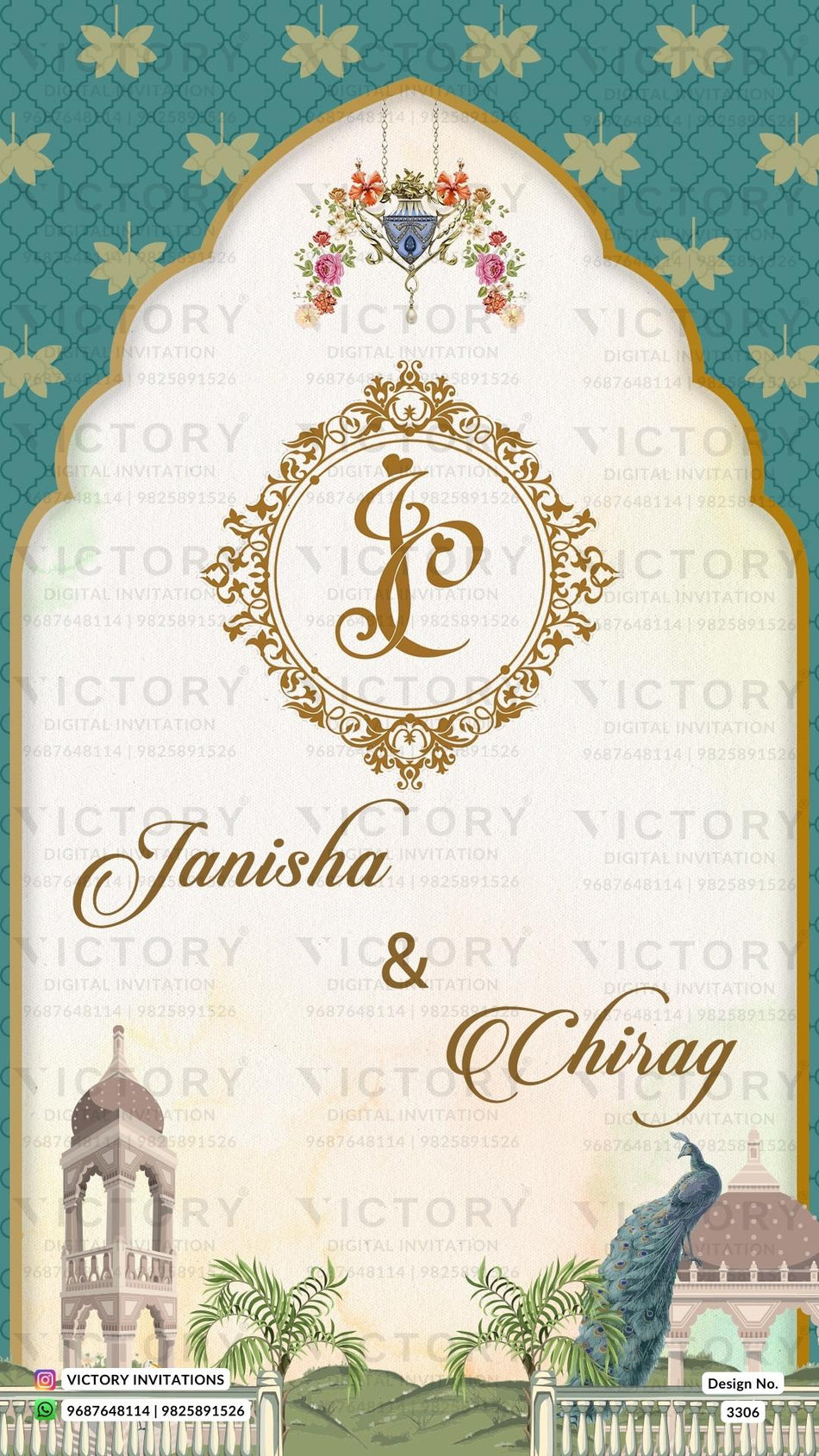 Wedding ceremony invitation card of hindu gujarati patel family in English language with Arch theme design 3306