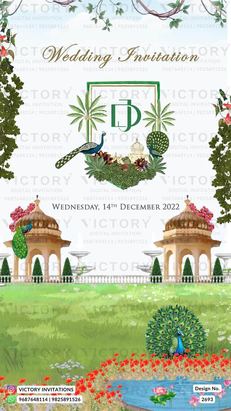 Wedding ceremony invitation card of hindu gujarati leuva family in English language with Traditional theme design 2693