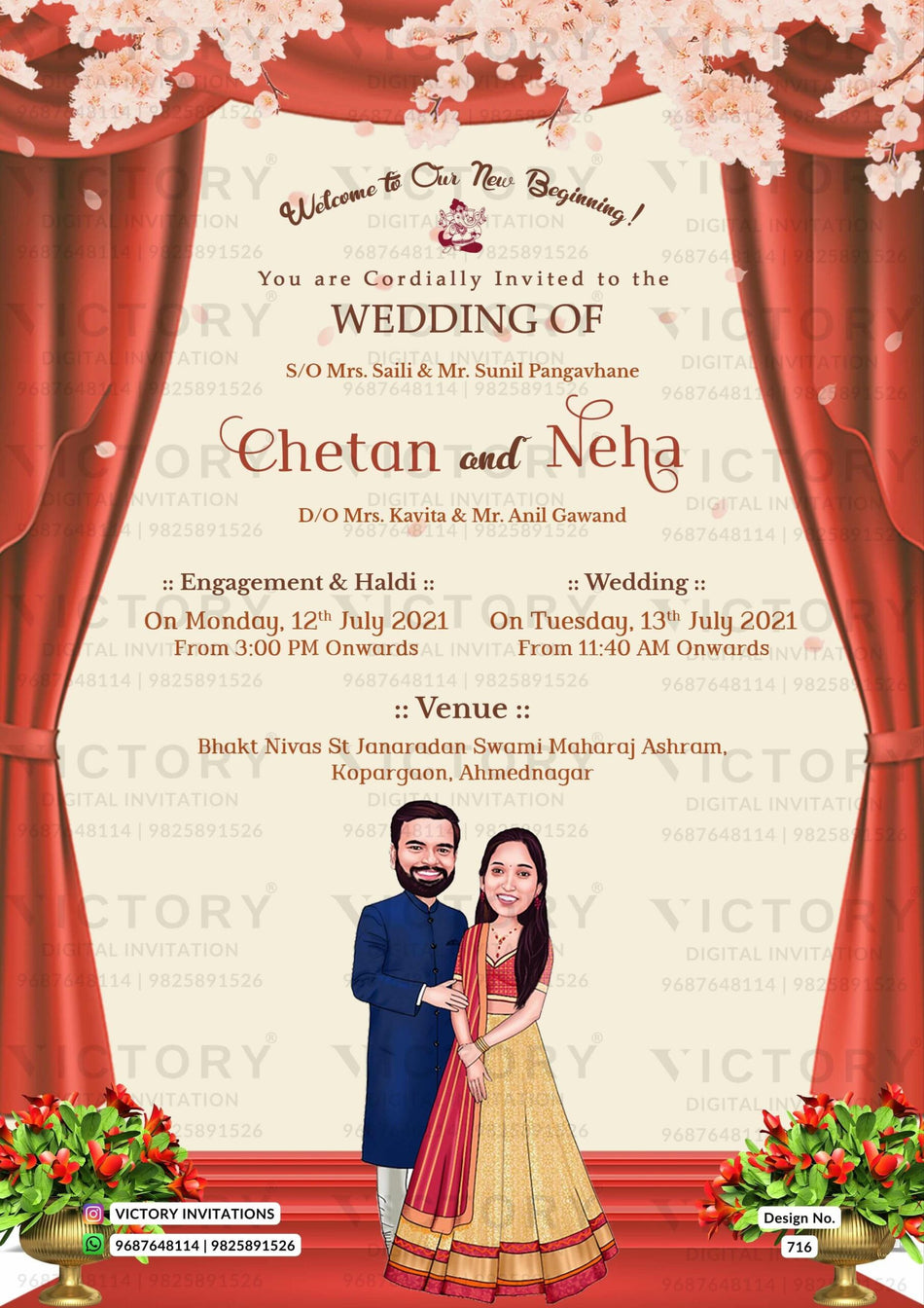 Charming couple caricature invitation card for wedding ceremony of hindu maharashtrian marathi family in english language with Red carpet theme design 716
