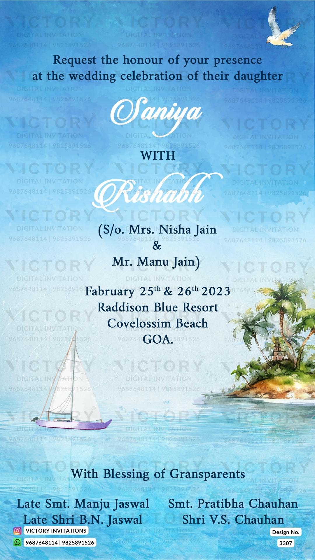 Stylish couple caricature invitation card for wedding ceremony of gujarati patel family in english language with beach theme design 3307