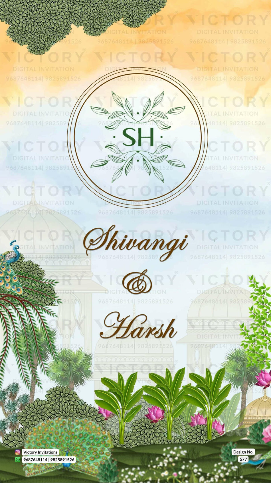 Reception Party invitation card in english language with couple logo, couple doodle as floral theme design 577