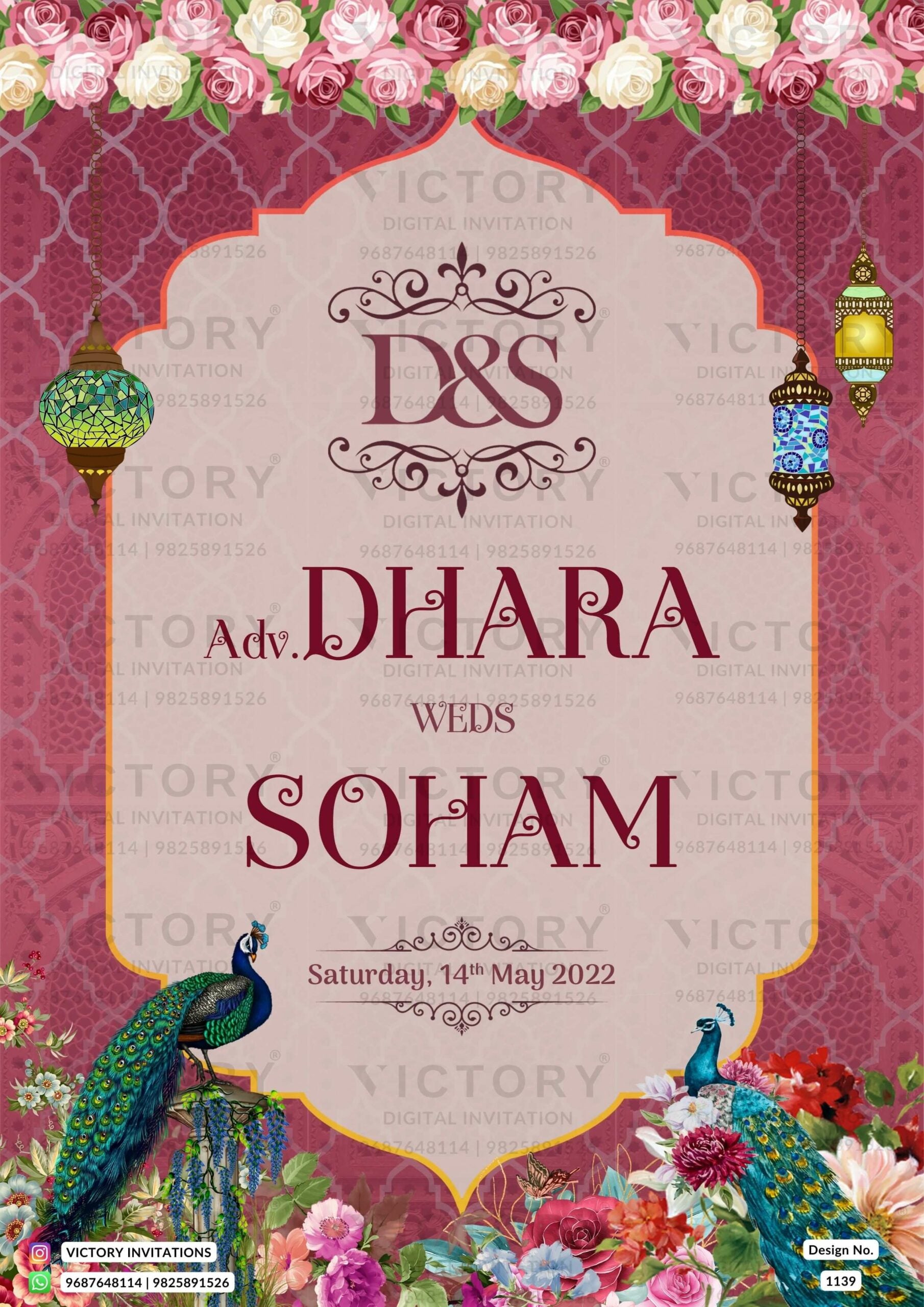 Wedding ceremony invitation card of hindu maharashtrian marathi family in English language with traditional theme design 1139