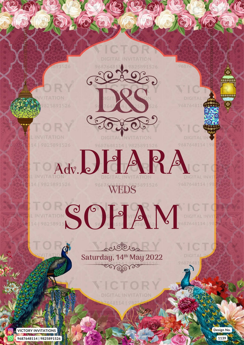 Wedding ceremony invitation card of hindu maharashtrian marathi family in English language with traditional theme design 1139