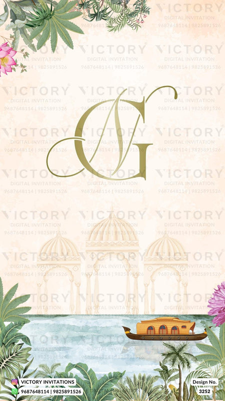Wedding ceremony invitation card of hindu south indian malayali family in English language with Beach theme design 3252