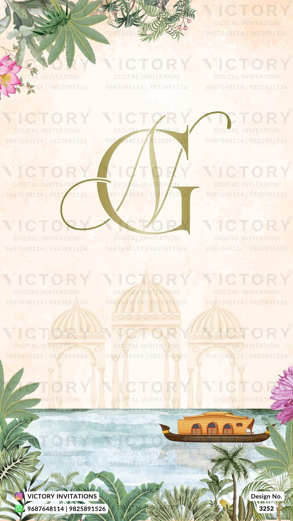 Wedding ceremony invitation card of hindu south indian malayali family in English language with Beach theme design 3252