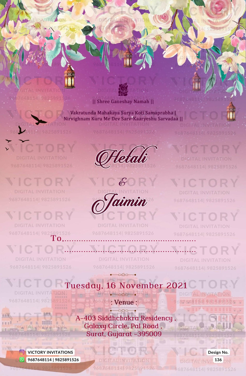 Wedding ceremony invitation card of hindu gujarati patel family in English language with floral theme design 136