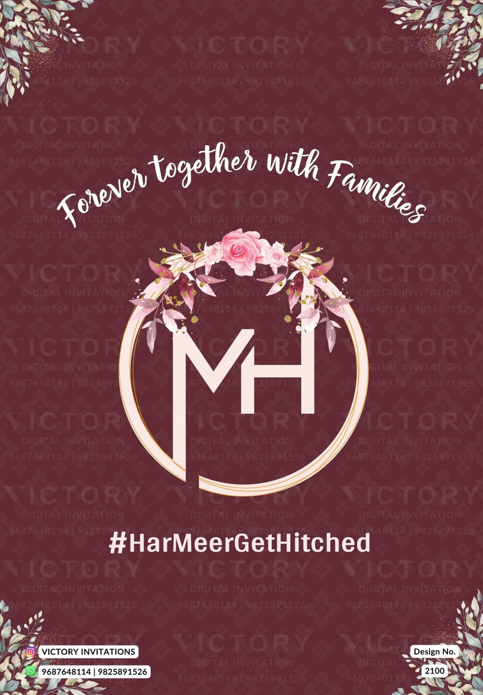 Engagement ceremony invitation card in english language with couple logo, leaves as floral theme design 2100