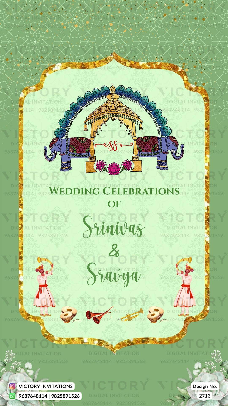 Mehendi ceremony invitation card in english language with flowers, mahal as traditional theme design 2713