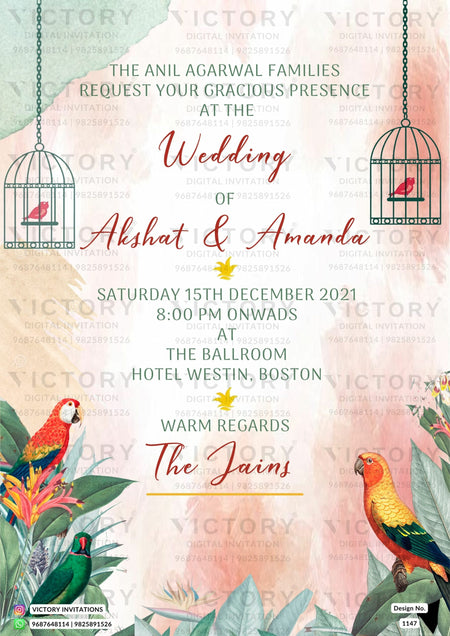 Wedding ceremony invitation card of hindu jain family in English language with artistic leaves theme design 1147