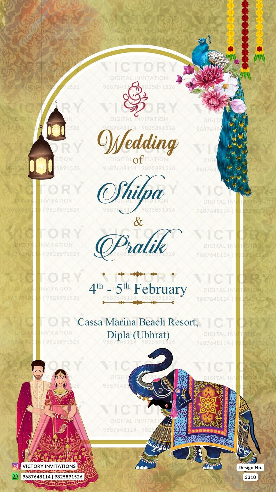 Wedding ceremony invitation card of hindu gujarati marwari family in English language with Royal theme design 3310