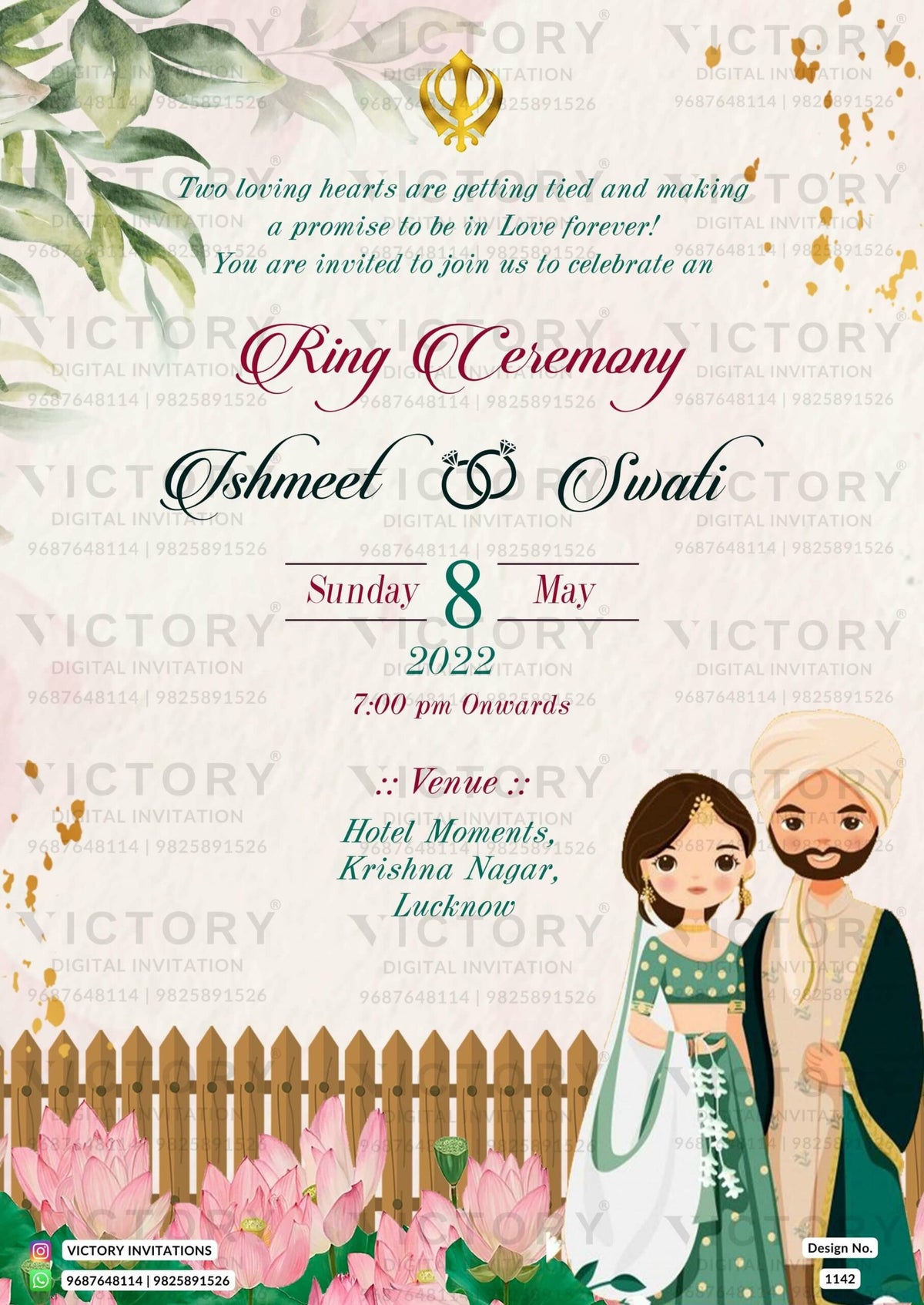 Sikh Engagement invitation card in English language with flowers, leaves as two state theme design 1142