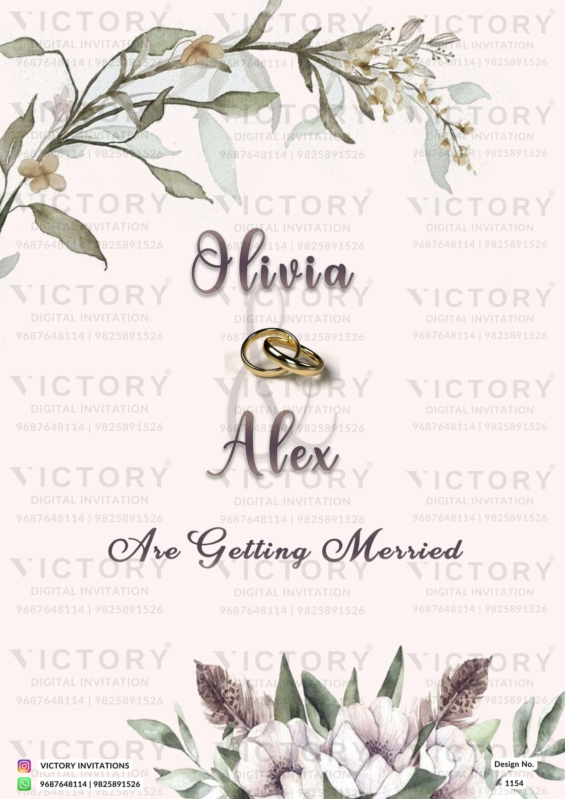 Engagement ceremony invitation card in english language with green leaves, couple ring as floral theme design 1154