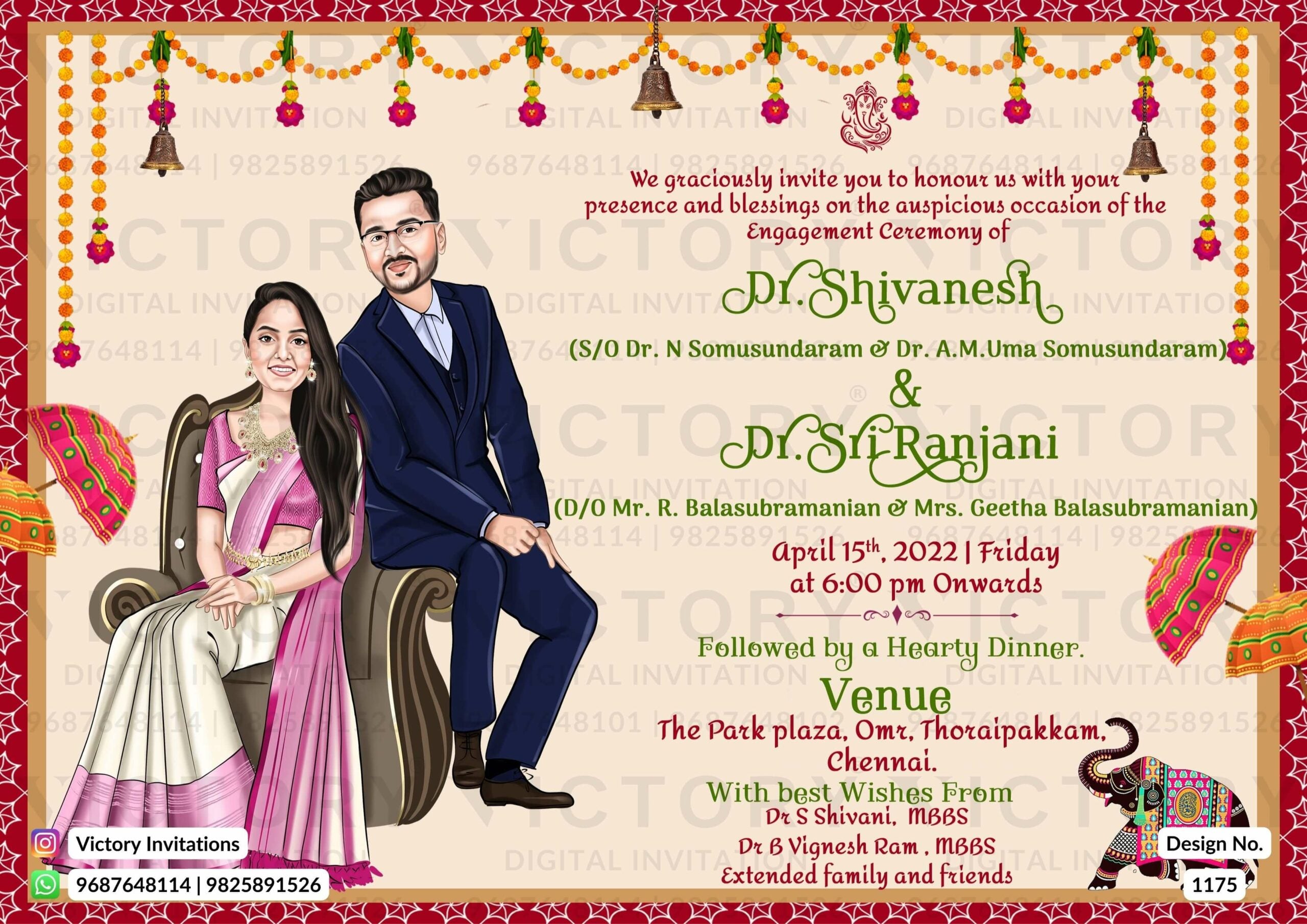 sitting adorable couple caricature invitation card for Engagement ceremony in Englsih language with umbrella, elephants as traditional theme design 1175