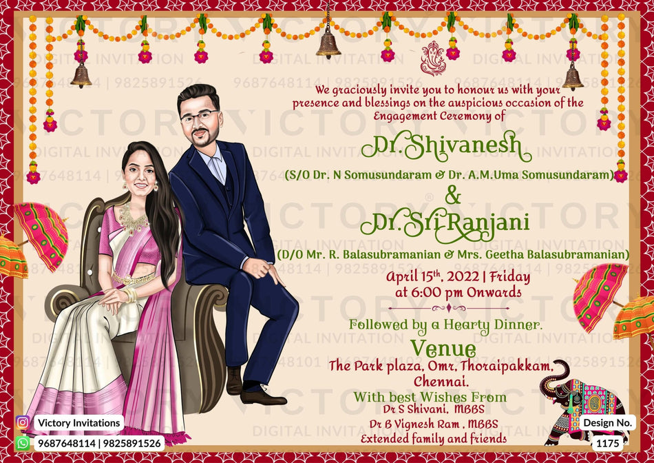 sitting adorable couple caricature invitation card for Engagement ceremony in Englsih language with umbrella, elephants as traditional theme design 1175