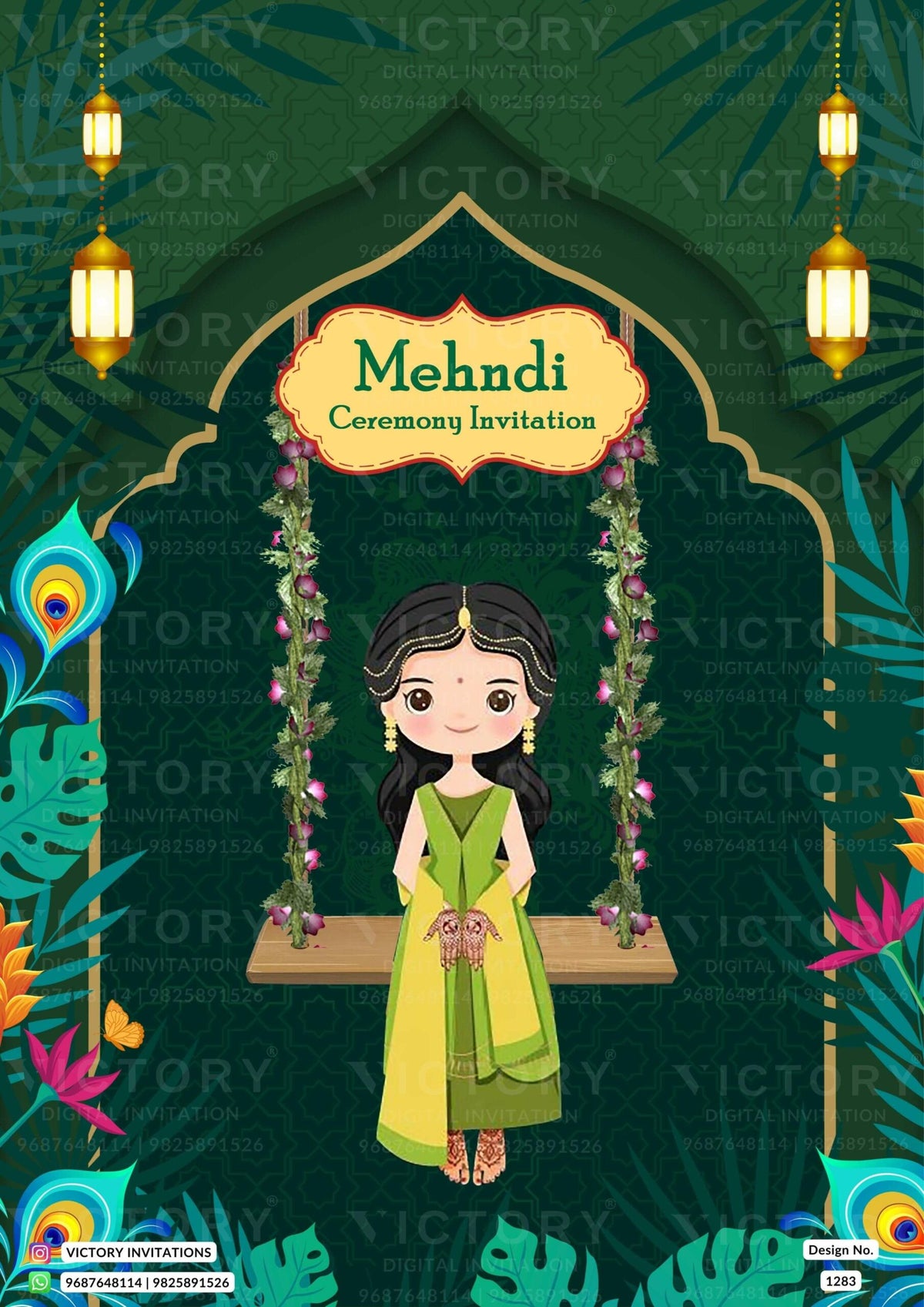 Mehendi ceremony invitation card in english language with lantern, flowers as arch theme design 1283