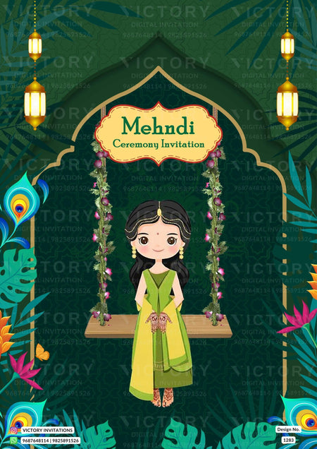 Mehendi ceremony invitation card in english language with lantern, flowers as arch theme design 1283