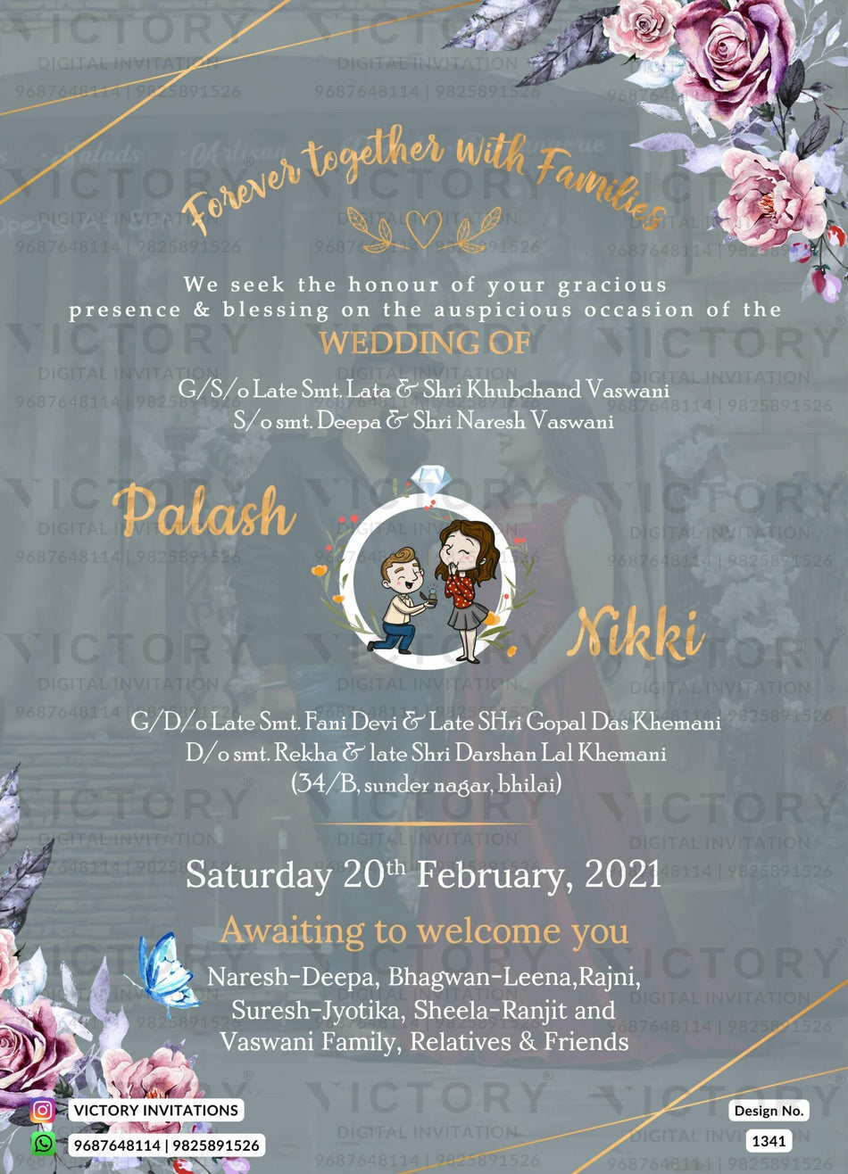 Wedding ceremony invitation card of hindu sindhi family in English language with couple photo floral theme design 1341
