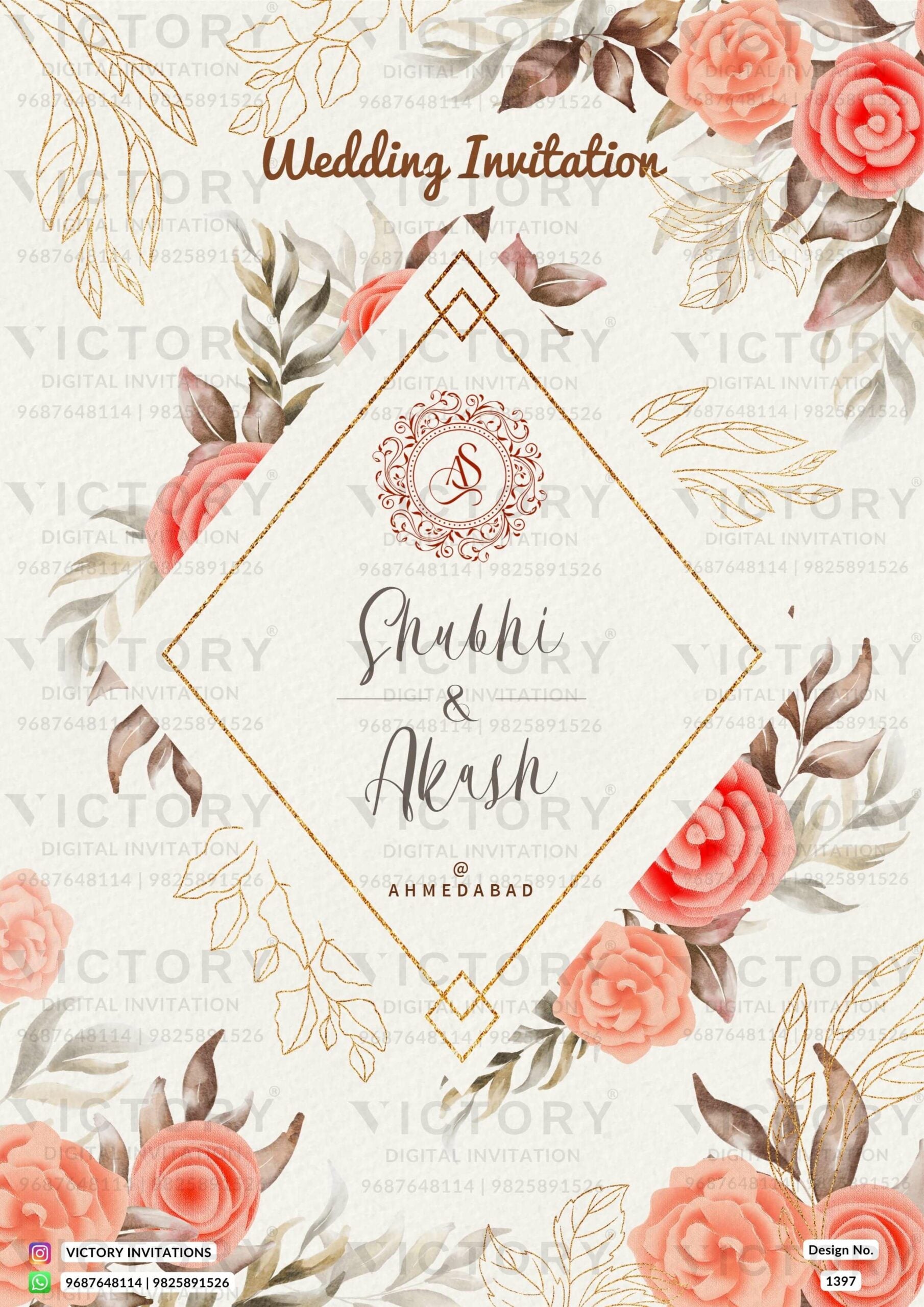 Wedding ceremony invitation card of hindu gujarati marwari family in English language with Floral theme design 1397