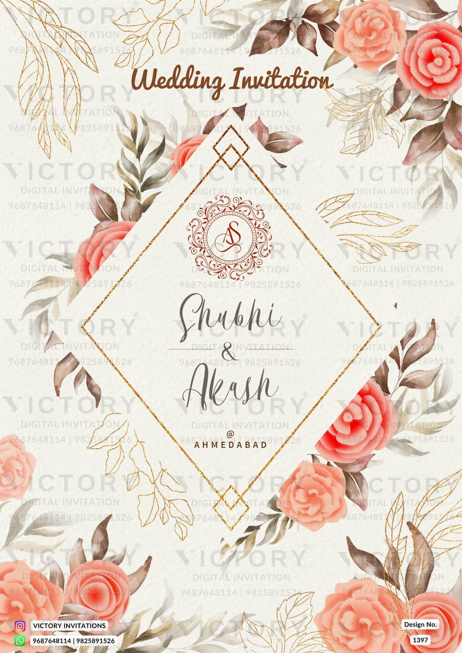 Wedding ceremony invitation card of hindu gujarati marwari family in English language with Floral theme design 1397