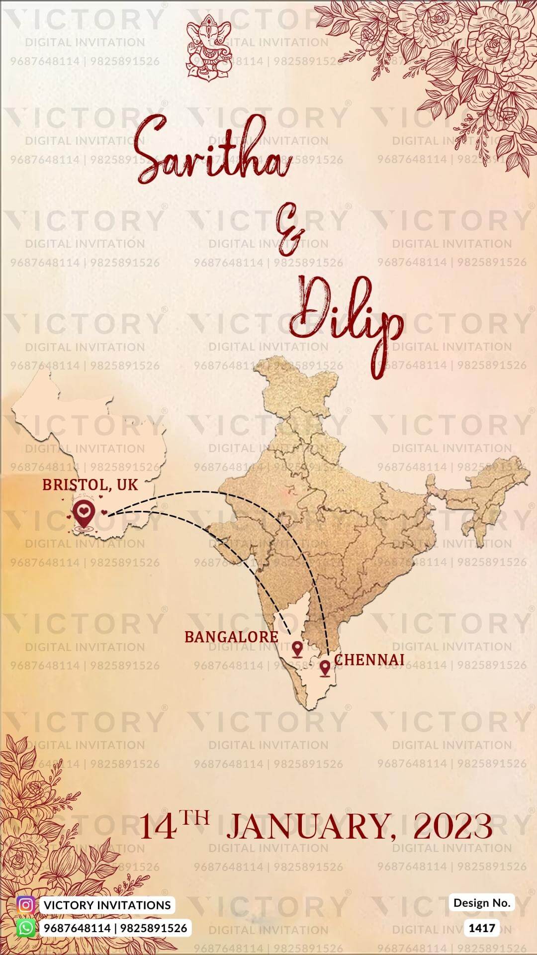 Baby Shower ceremony invitation card in english language with map, flowers as minimalistic theme design 1417