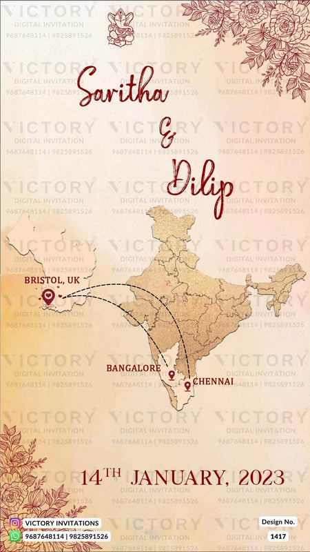 Baby Shower ceremony invitation card in english language with map, flowers as minimalistic theme design 1417