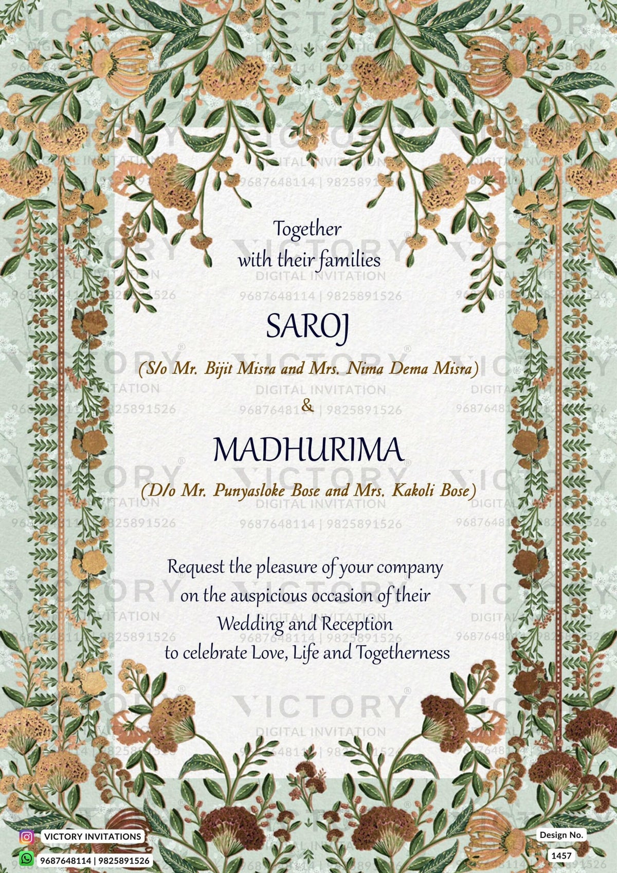 Wedding ceremony invitation card of hindu west bengal bengali family in English language with floral theme design 1457