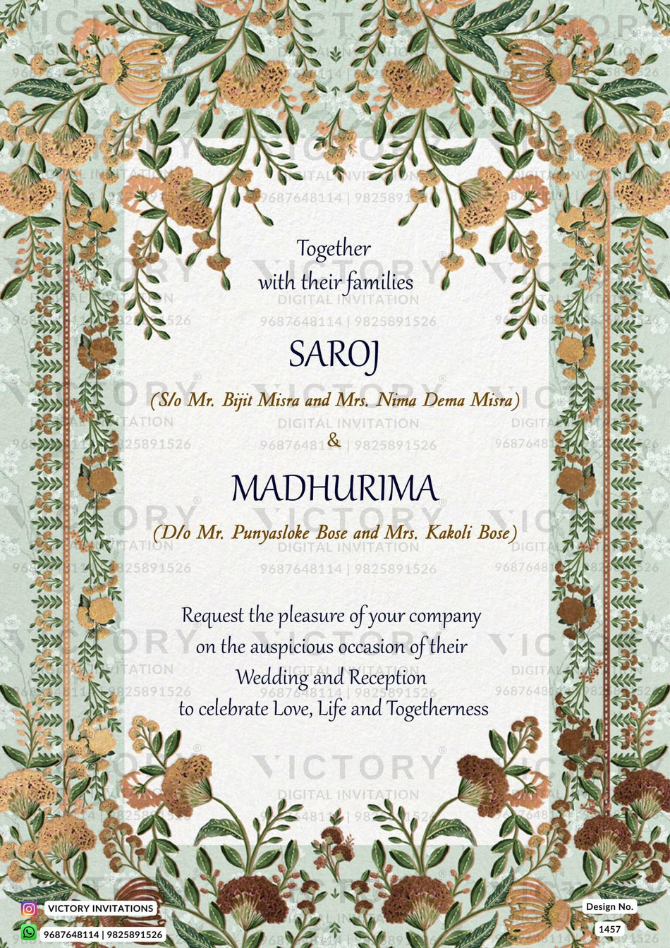 Wedding ceremony invitation card of hindu west bengal bengali family in English language with floral theme design 1457