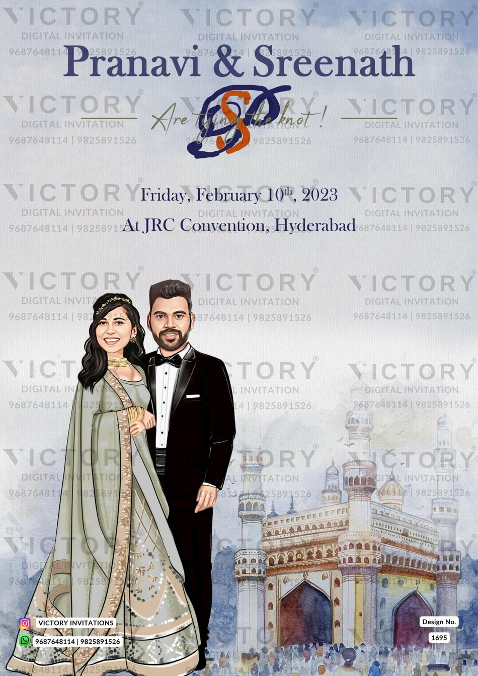 Charming couple caricature invitation card for Wedding Timeline in English language with homam, couple doodle, as minimalistic theme design 1695