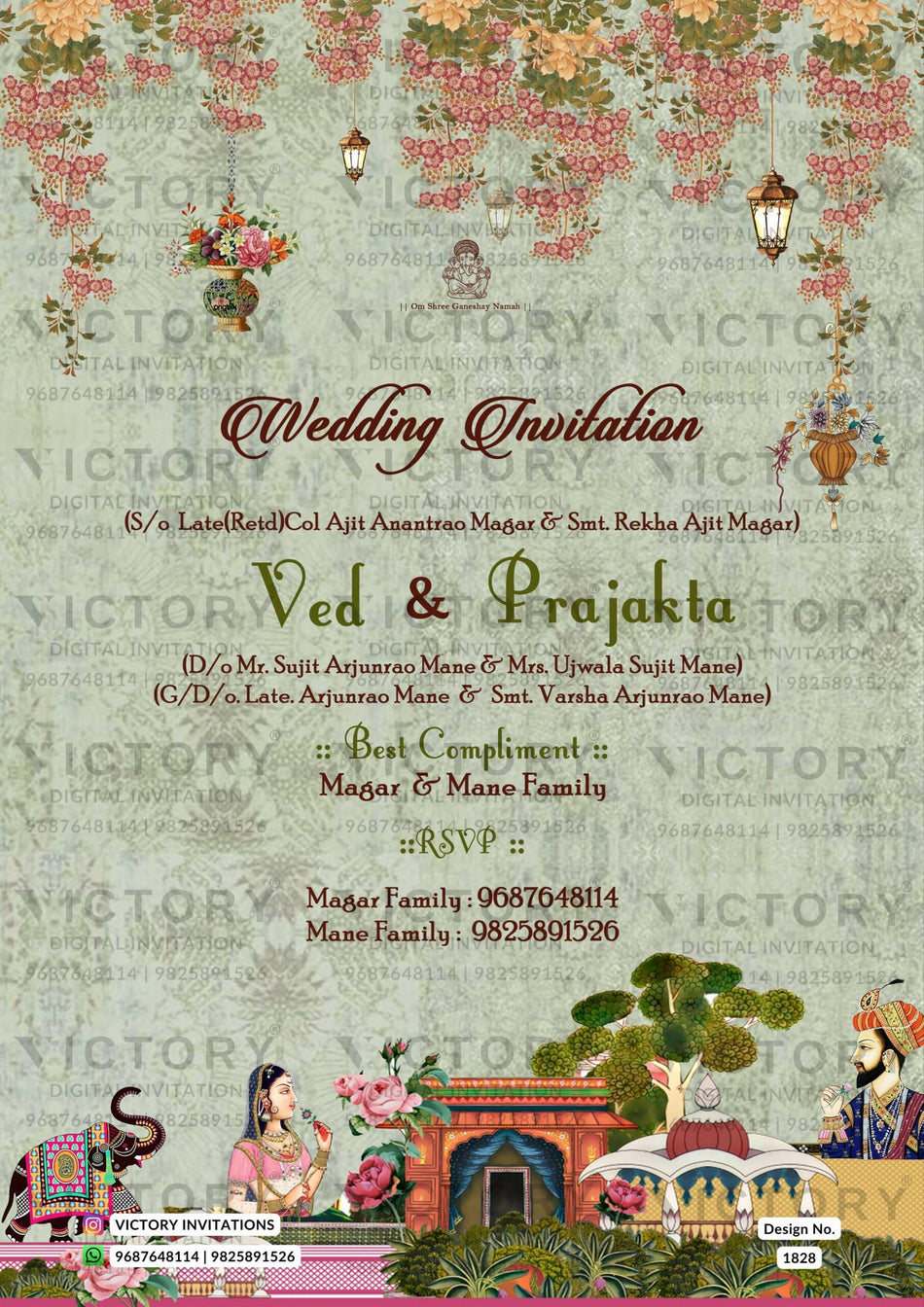 The traditional Theme of the Hindu Maharashtrian digital invitation card for wedding ceremony in green, red splash background color. This e-invite card is perfectly suitable for the marathi family and it's available in English language. It includes elements such as a lantern, the Ganesha logo, pink tulips, orange flowers, elephants, a banana tree, pink flowers, a Mughal painting, a mehendi doodle, a wedding couple doodle, a peacock, an umbrella, birds, a cage, haldi couple doodle, sangeet couple doodle.
