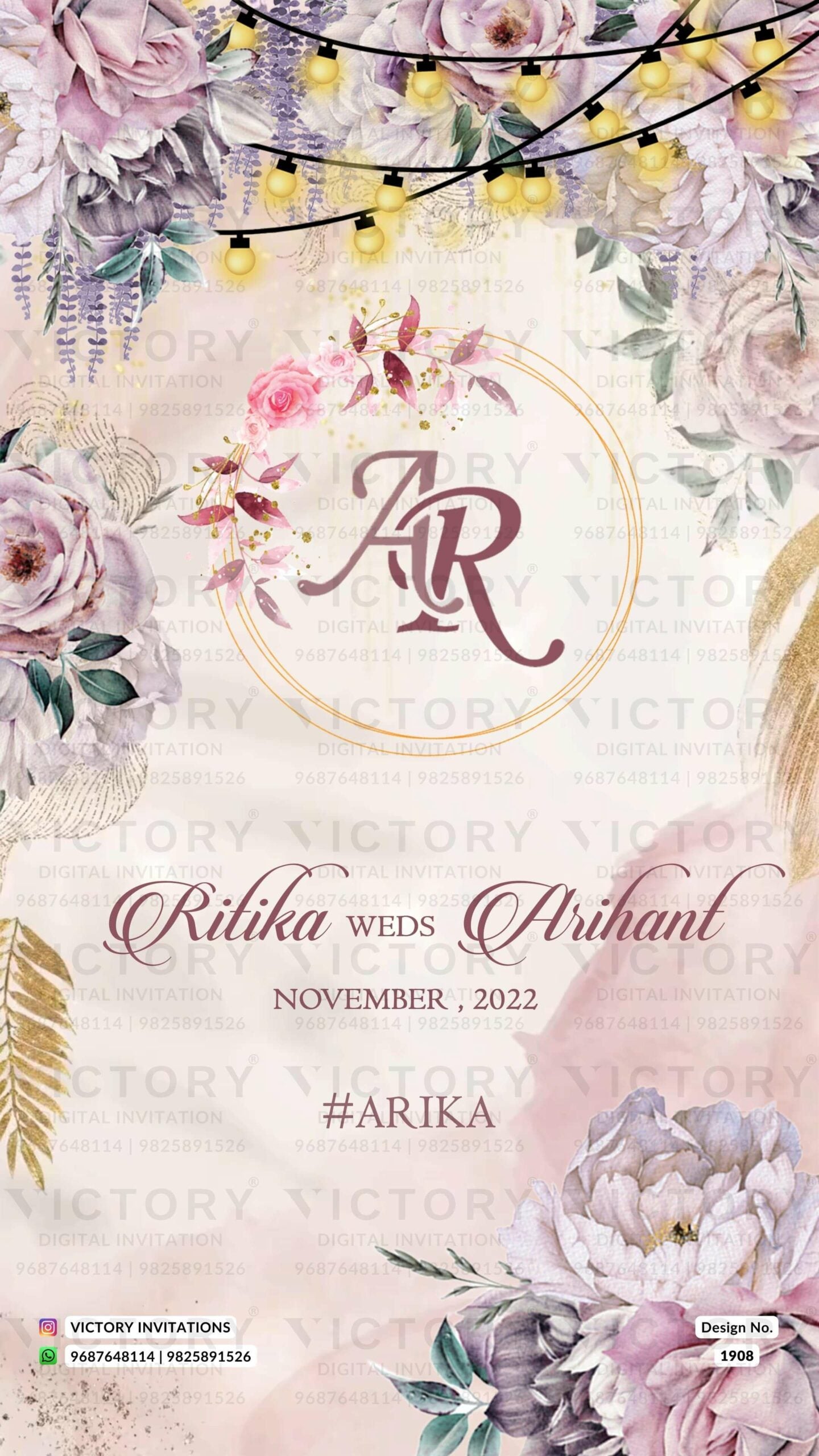 Wedding ceremony invitation card of hindu punjabi haryanvi family in English language with floral theme design 1908