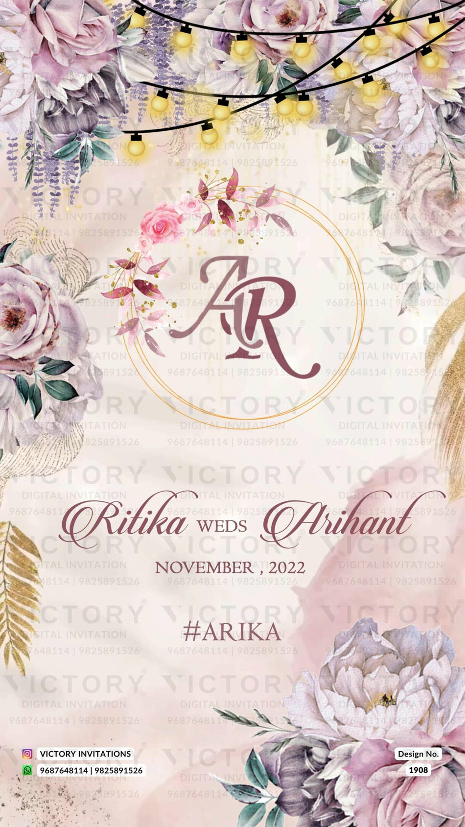 Wedding ceremony invitation card of hindu punjabi haryanvi family in English language with floral theme design 1908