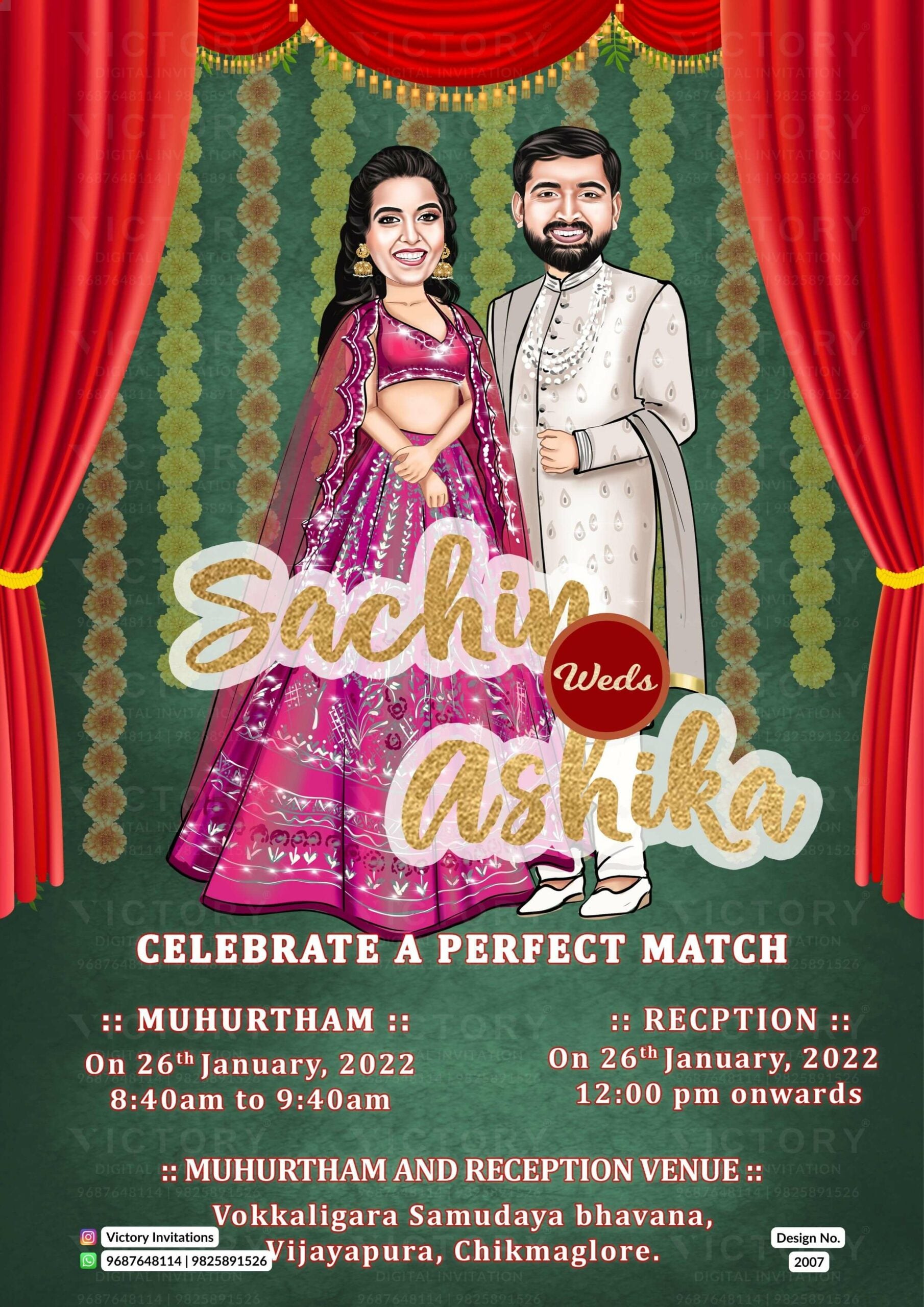 Glittery couple caricature invitation card for wedding ceremony of hindu south indian kannada family in english language with Classic theme design 2007