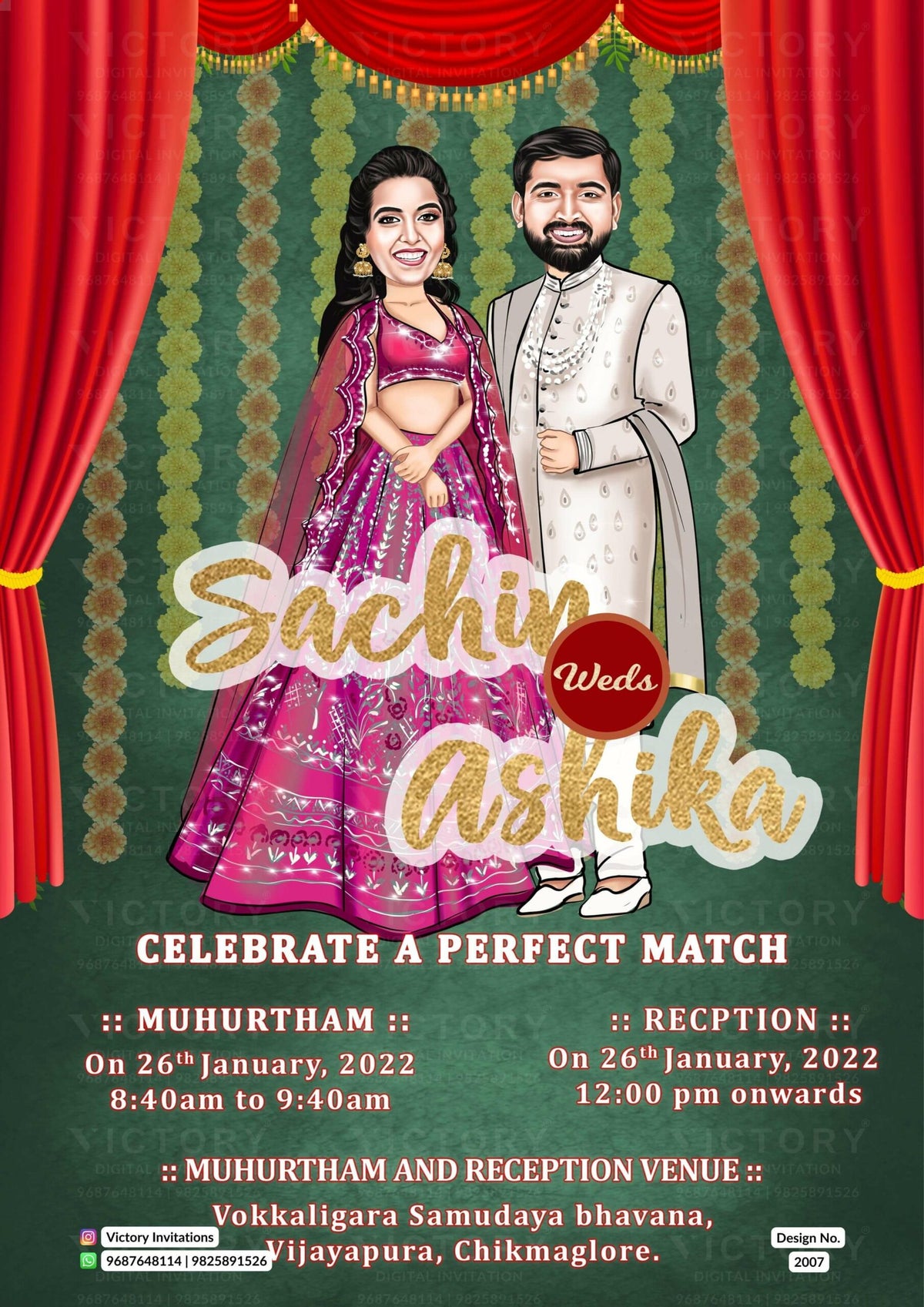 Glittery couple caricature invitation card for wedding ceremony of hindu south indian kannada family in english language with Classic theme design 2007