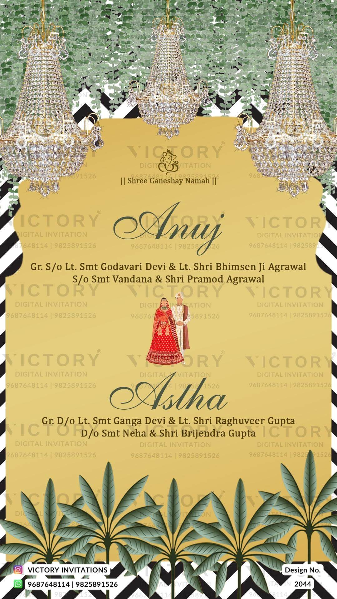 Wedding ceremony invitation card of hindu gujarati jain family in English language with traditional theme design 2044