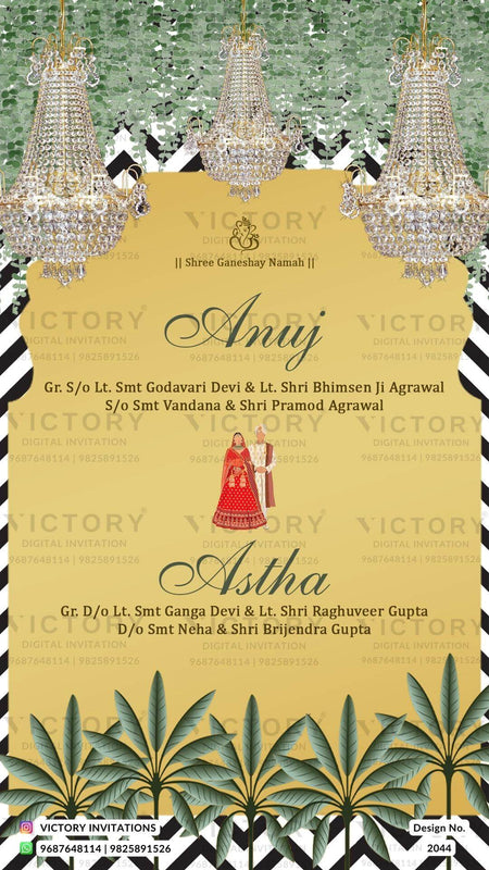 Wedding ceremony invitation card of hindu gujarati jain family in English language with traditional theme design 2044