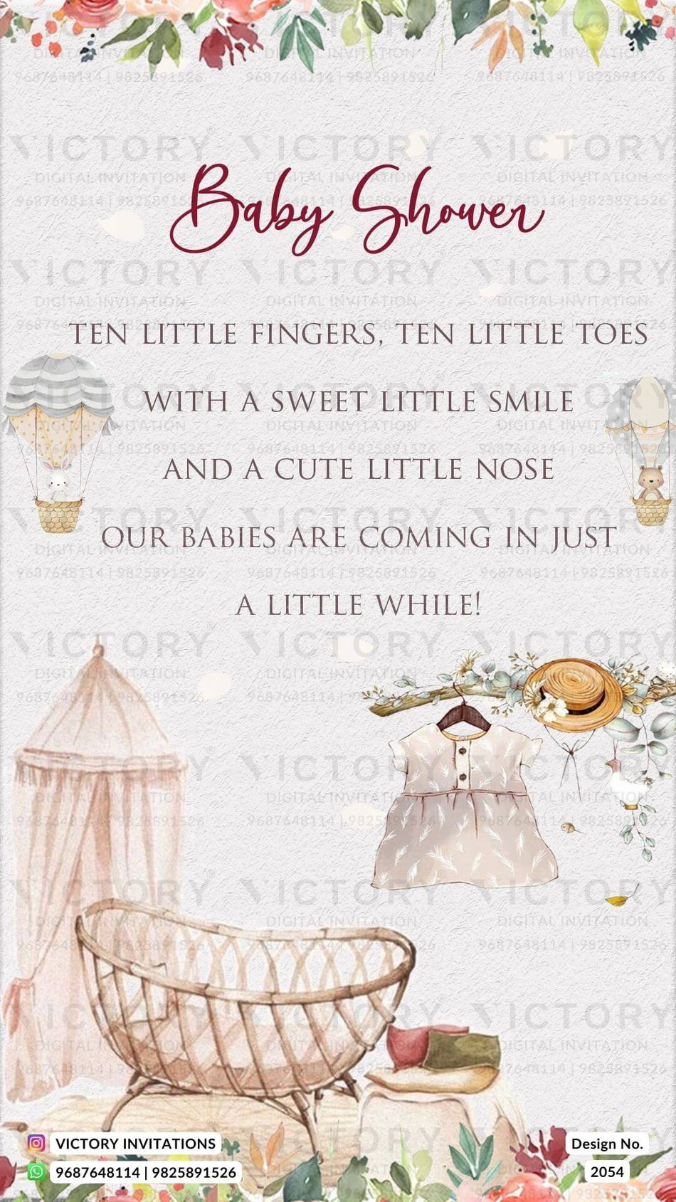 Baby Shower ceremony invitation card in english language with birds, hands as vintage theme design 2054