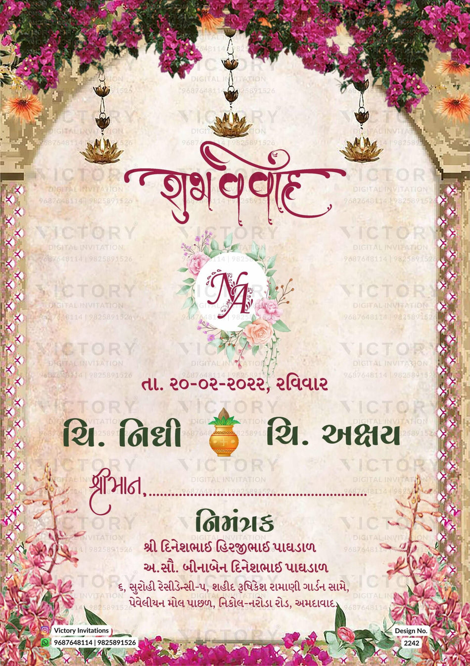Wedding ceremony invitation card of hindu gujarati patel family in Gujarati language with floral theme design 2242
