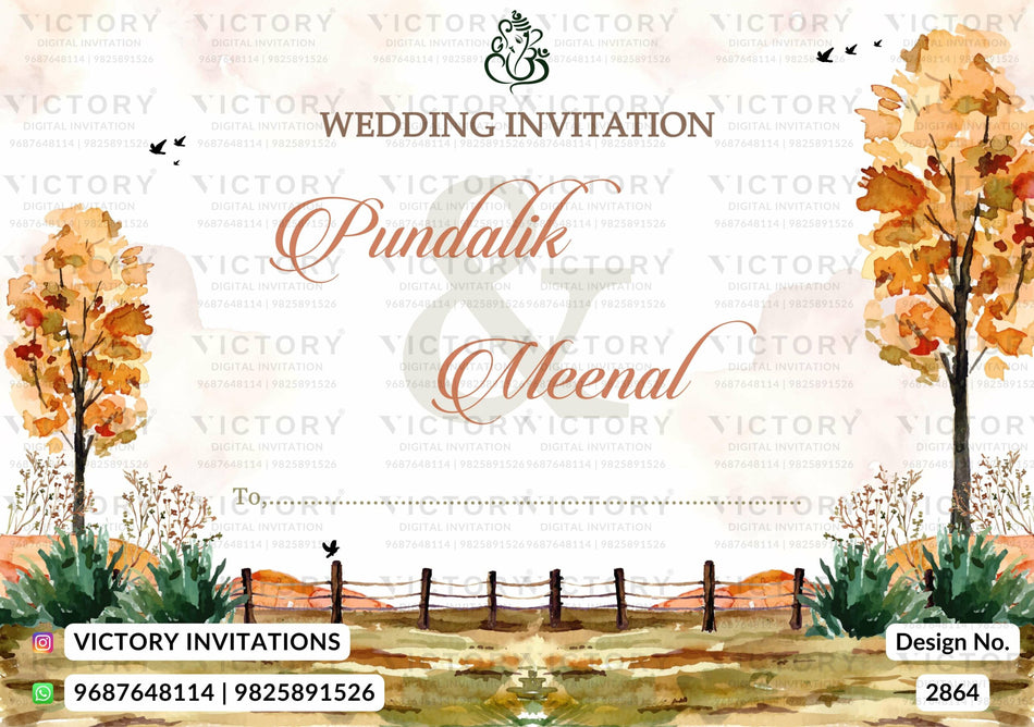 Wedding ceremony invitation card of hindu south indian telugu family in English language with garden theme design 2864