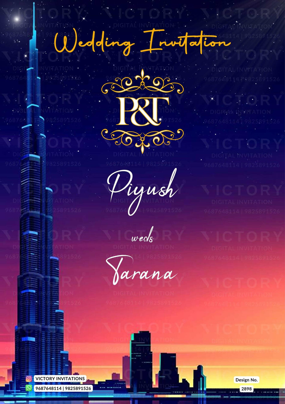 Traditional couple caricature invitation card for wedding ceremony of hindu north indian bhojpuri family in English language with City view design 2898