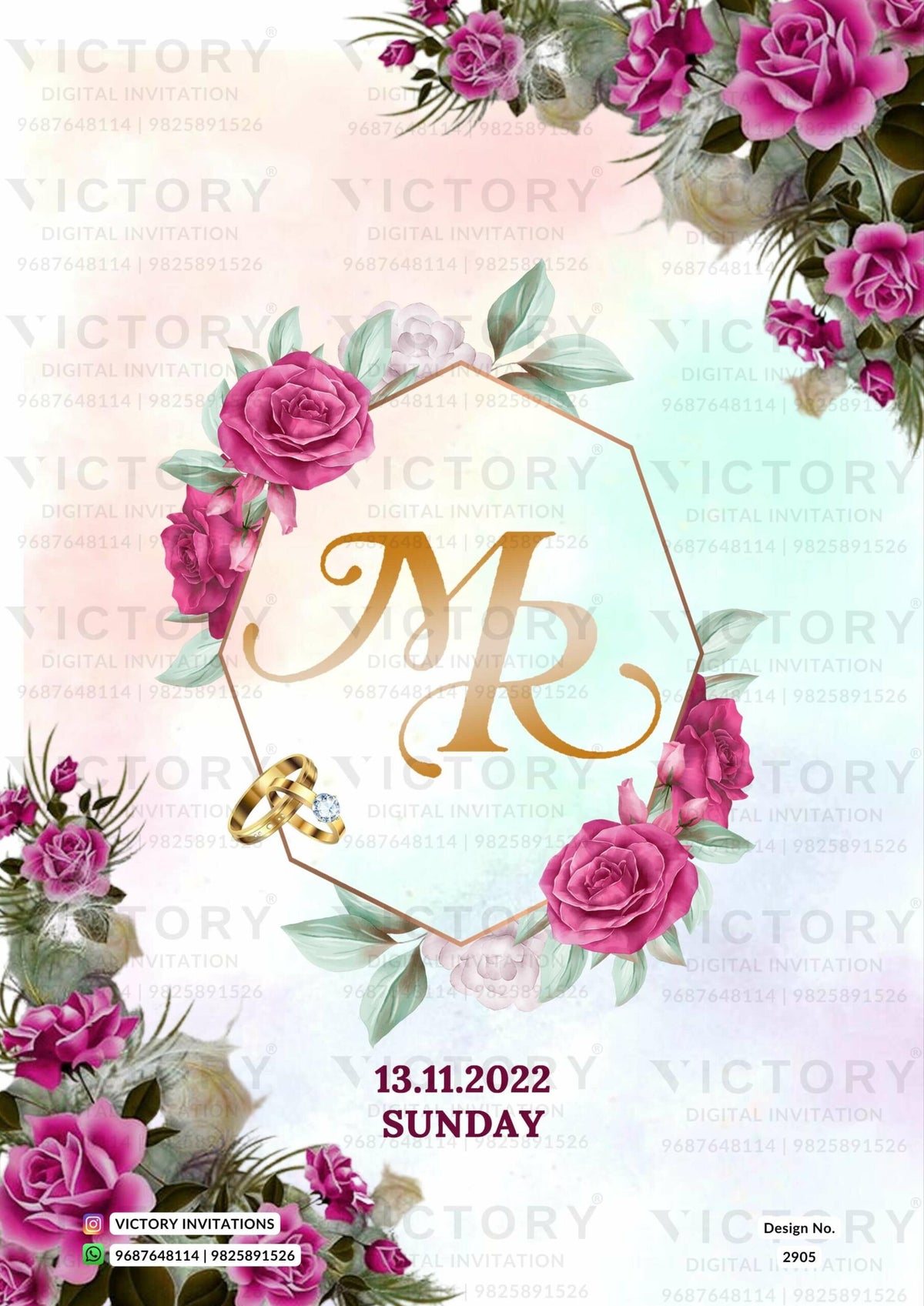 Chandla vidhi Engagement invitation card in gujarati language with flowers, couple ring, frame as floral theme design 2905